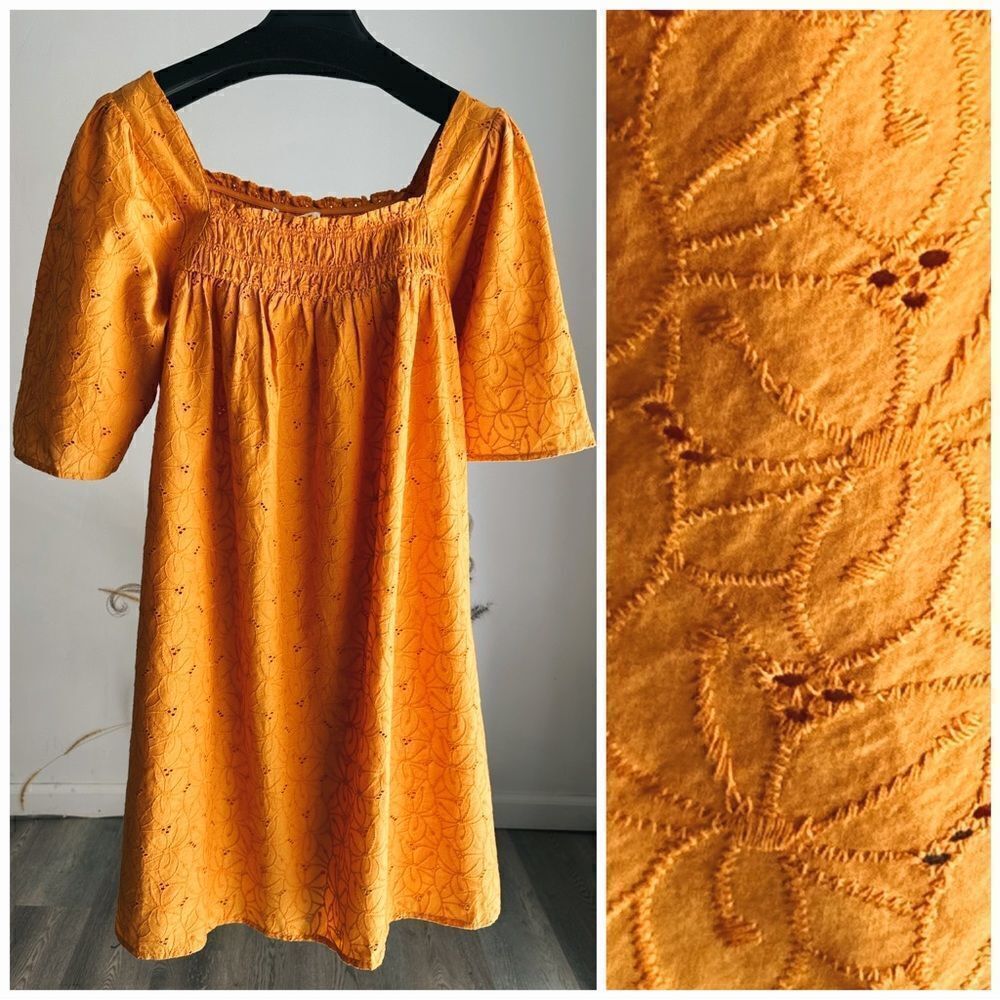 Mango Openwork Eyelet Embroidered Orange Dress Cotton New